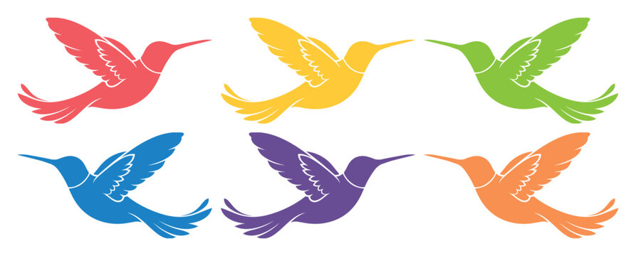 Colibr&iacute;es coloridos en vuelo, colecci&oacute;n de 6 siluetas de aves tropicales, iconos vectoriales de p&aacute;jaros multicolores para dise&ntilde;o gr&aacute;fico