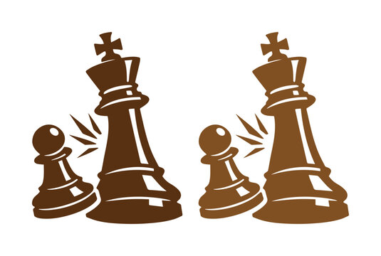 Ajedrez de madera con pe&oacute;n golpeando al rey, ilustraci&oacute;n vectorial de competencia estrat&eacute;gica, iconos de piezas de ajedrez marr&oacute;n