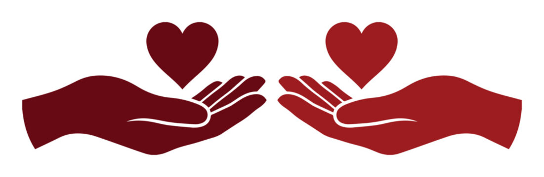 Manos sosteniendo corazones rojos, ilustraci&oacute;n de caridad y apoyo comunitario, concepto de amor y solidaridad en formato vectorial