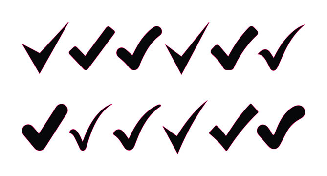 Iconos de marca de verificaci&oacute;n negros, conjunto de 12 s&iacute;mbolos de aprobado en formato EPS, elementos gr&aacute;ficos de validaci&oacute;n y &eacute;xito