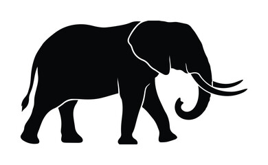 Fototapeta premium アフリカ象のシルエット、力強い野生動物のベクターイラスト、大きな牙を持つ象の黒いアイコン、サファリや自然保護をテーマにしたロゴデザイン素材、EPS形式のフラットな動物グラフィック