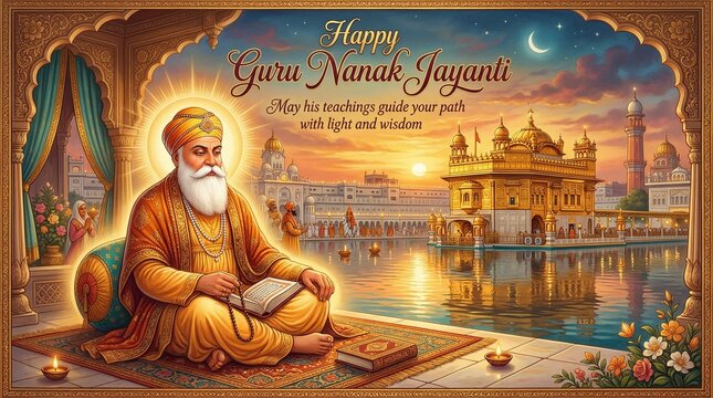 Guru Nanak Dev Ji meditating by Golden Temple, Happy Guru Nanak Jayanti greeting