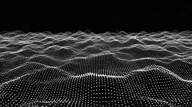 Abstract digital landscape of glowing particles forming a dynamic wave pattern on a dark background