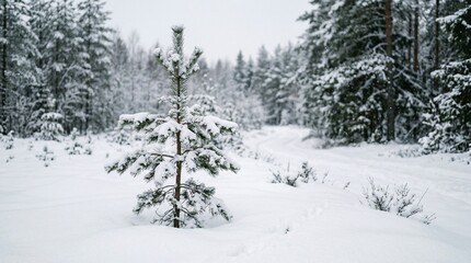 Obraz premium Small pine tree covered in snow in a winter forest with a path