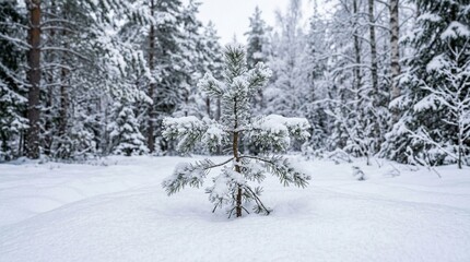 Fototapeta premium Small pine tree covered in snow in a winter forest
