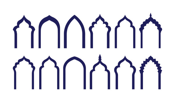 Arcos &aacute;rabes minimalistas en color azul, colecci&oacute;n de 12 marcos de estilo isl&aacute;mico oriental, siluetas de puertas de mezquita para dise&ntilde;o gr&aacute;fico
