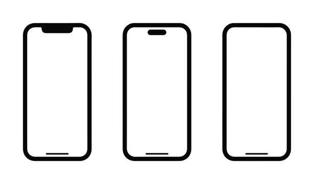 Iconos de smartphone minimalistas en formato EPS, conjunto de 3 maquetas de tel&eacute;fono m&oacute;vil, siluetas de dispositivos digitales modernos