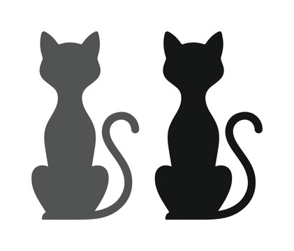 Silueta de gato sentado en color negro y gris, conjunto de dos iconos de felinos elegantes, vectores de mascotas minimalistas para logotipos