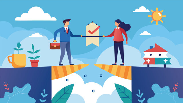 Two people stand on cliffs and reach for a shared goal while a sunny sky surrounds them in a colorful scene