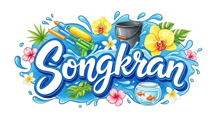 Obraz premium Thailand songkran festival vibrant watercolor illustration of traditional water splashing