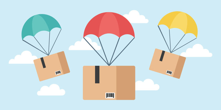 Parachute Delivery: Boxes descend from the sky, carried by parachutes, in a visual metaphor for swift and reliable transport and logistics. 