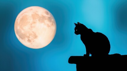 Naklejka premium Black shadow of a cat on a rooftop, silhouetted against the moonlit sky.