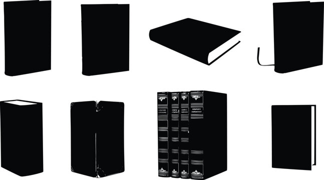 Book silhouettes collection, open and closed books, black icons, educational design, literature concept, library illustration, reading symbol, publishing graphic, study encyclopedia art\