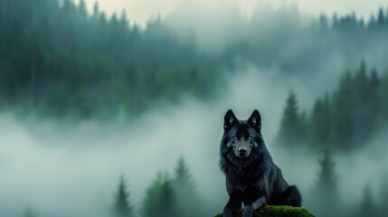 Naklejka premium Black wolf moving stealthily through the dense woods, blending into its surroundings effortlessly.