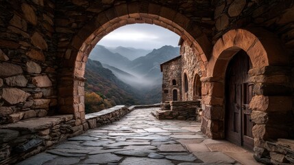 Fototapeta premium Ancient Stone Archway Leading to Hidden Monastery in Misty Mountain Scene