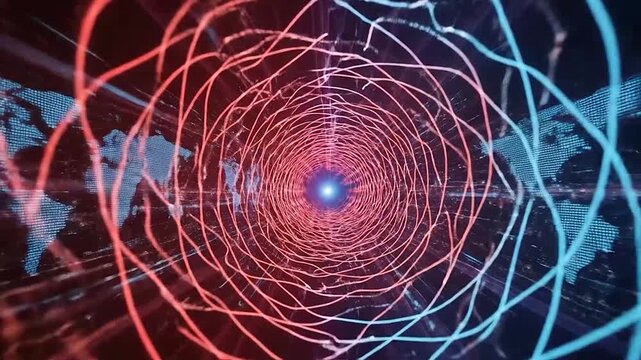 Abstract digital tunnel with glowing lines and world map elements