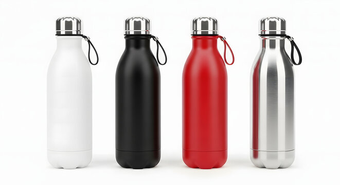 Four colorful reusable water bottles with silver lids and straps on a white background