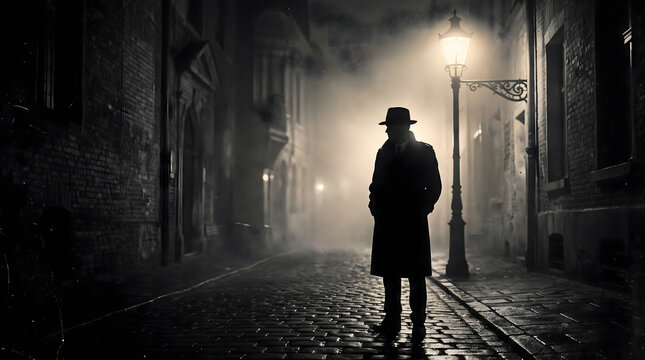 Lonely Gangster Silhouette Under Street Lamp in Misty Night