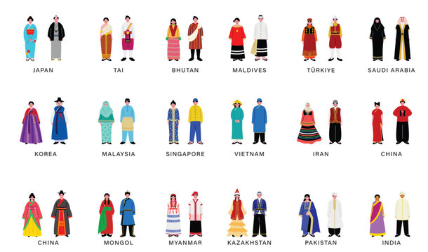 アジアの様々な民族衣装を着た人々のイラストセット