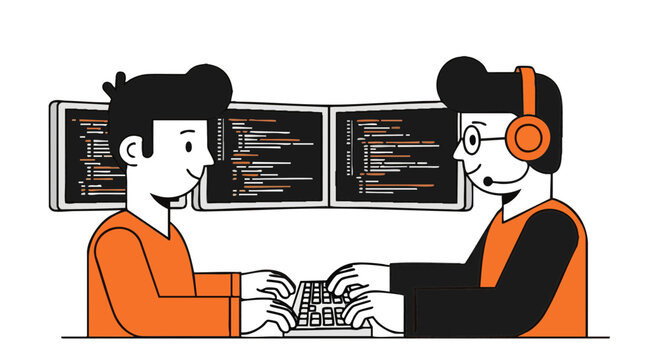 Software developers working on code at workstation with headset