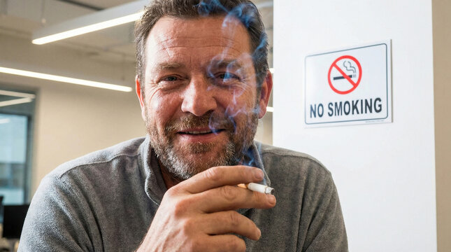Man smoking cigarette next to no smoking sign in office environment