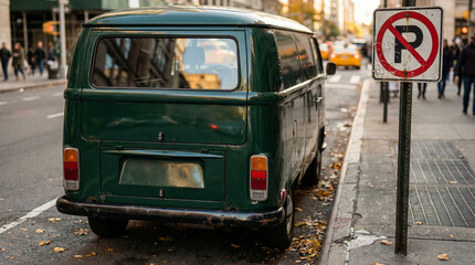 Fototapeta premium Vintage Green Van Parked on Urban Street Next to No Parking Sign