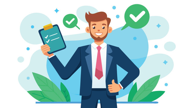 Business professional holds clipboard with checkmarks and smiles in a modern office setting during daytime