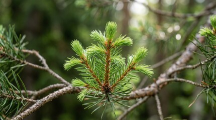 Fototapeta premium Close-up of a vibrant green pine tree branch with new growth, soft bokeh background