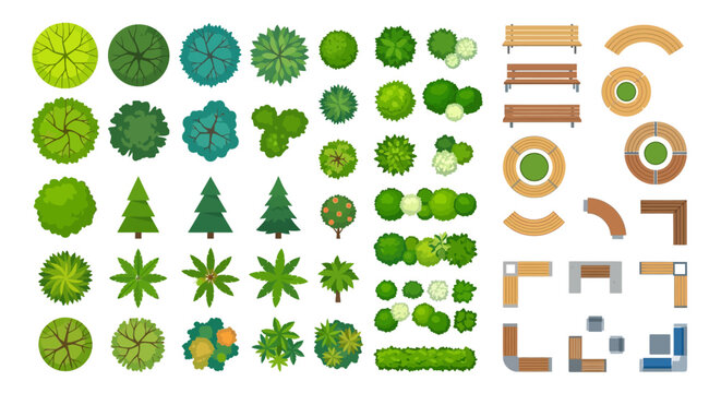 Collection of colorful top down views of trees bushes and park elements