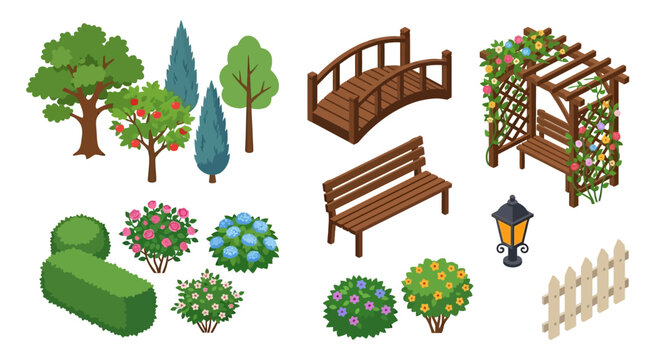 Isometric garden elements including bridge bench and various plants