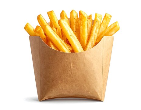Golden crispy french fries in a brown paper bag on a white background