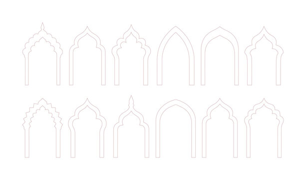Elegant arch frames vector set, 12 decorative architectural arches, ornate doorway outlines, classic window shapes, Islamic and Indian design elements for graphic projects.
