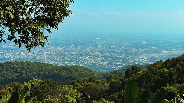 Overlooking Chiang Mai City From The Top Of Doi Suthep Mountains Near Khun Chang Kian Village, Thailand. Panning Shot