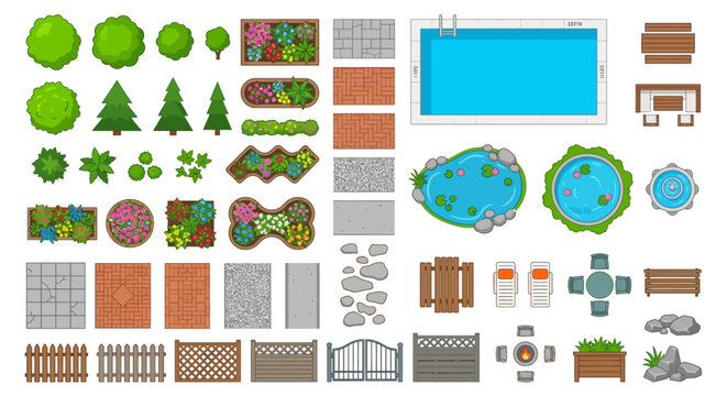 Aerial view of various garden and pool elements for landscaping design