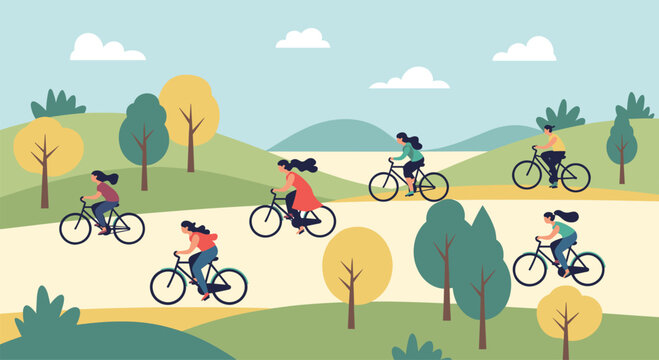 Group of people enjoying outdoor activities by riding bicycles along a winding path through a beautiful hilly park with many green trees.