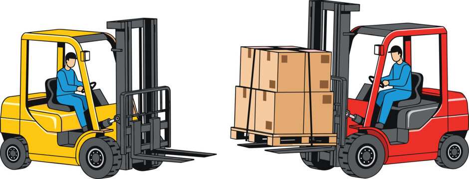 Forklift truck operation in warehouse, industrial logistics transport equipment, worker handling cargo pallets, material handling process, supply chain loading machinery
