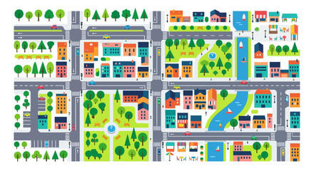Colorful illustration of a top down view of a simplified city layout © MITHUN