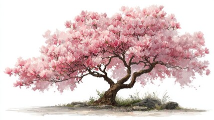 Fototapeta premium Pink flowering magnolia tree with a twisted trunk and lush blossoms set against a white background, showcasing its vibrant petals and natural beauty