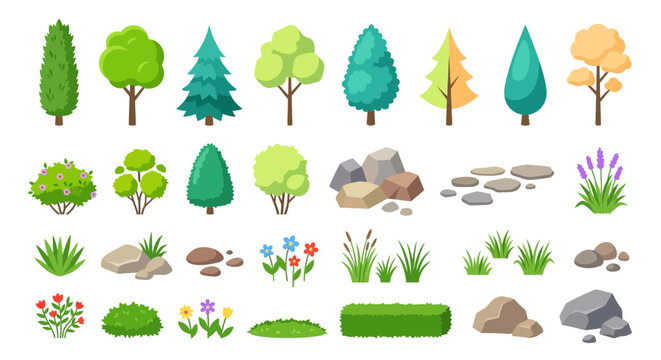 Colorful collection of stylized trees bushes flowers and landscape elements