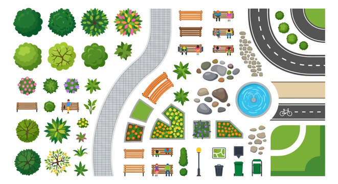 Top down view of a park with trees benches paths and a fountain