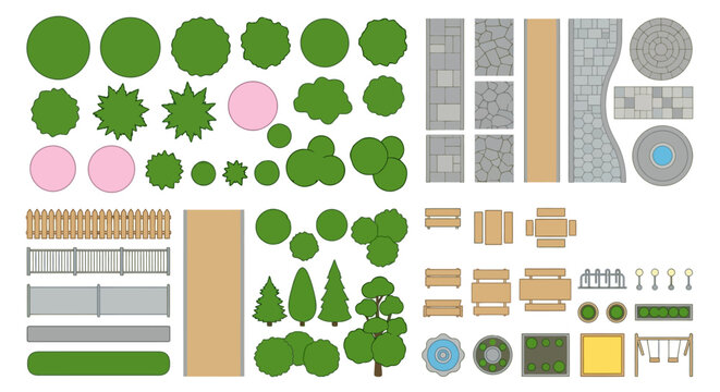 A collection of colorful top down game assets depicting park elements