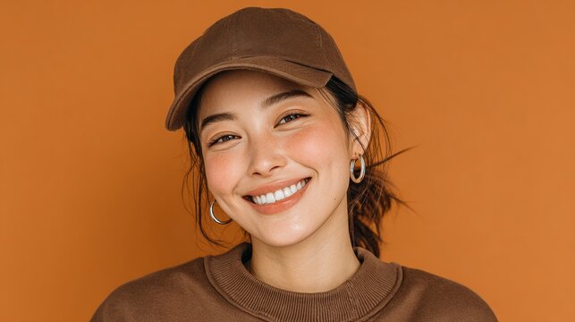 Smiling young woman wearing a brown cap and sweater against a solid orange background, showcasing a casual and trendy fashion style with natural makeup