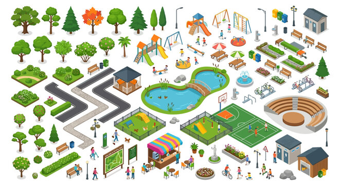 Detailed isometric illustration of a vibrant public park with various amenities