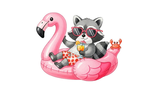 A raccoon relaxes on a pink flamingo float with a tropical drink