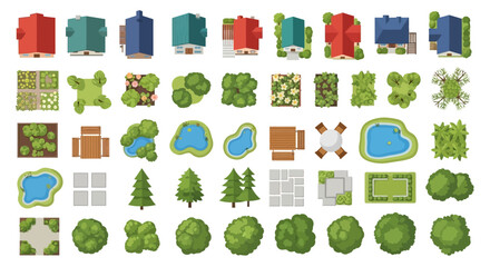 Aerial view collection of buildings trees and landscape elements © SHANTI