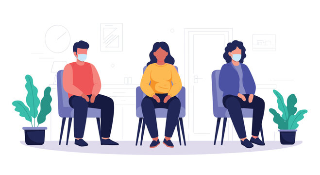 People wearing protective face masks sit in a clean waiting room while maintaining proper social distancing for health safety.