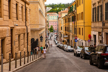 Naklejka premium Colorful Narrow Streets in Ancona Port City Italy Marche Region, Charming Italian Coastal Town by the Adriatic Sea, Scenic Travel Destination with Historic Architecture, Picturesque Urban Landscape