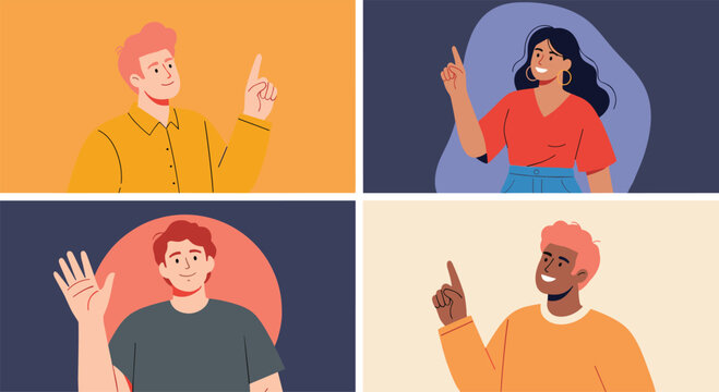 Composite image of four diverse young men and women in separate colorful squares expressing joy and pointing toward ideas.
