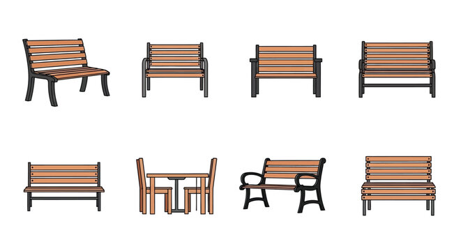 Collection of outdoor furniture benches and tables in a linear arrangement