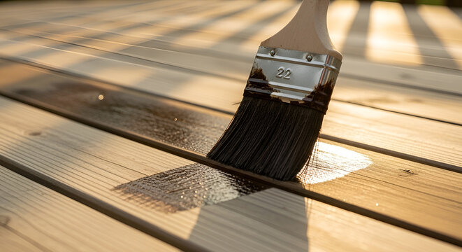 Applying wood stain to a deck with a paintbrush during golden hour